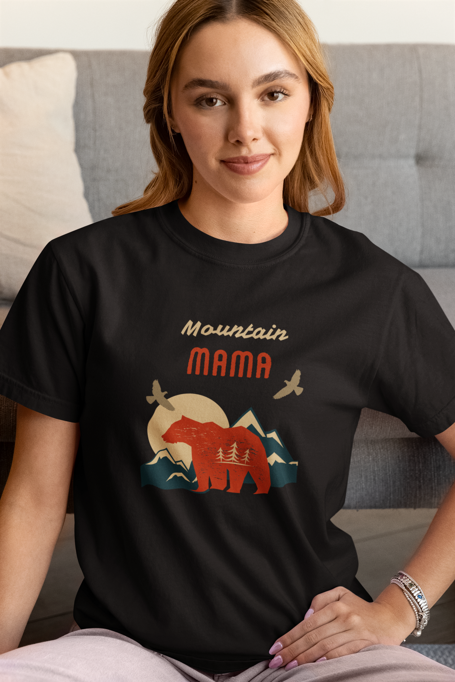 Mountain Mama Camping Graphic Black Cotton Summer Crewneck T Shirt for Women