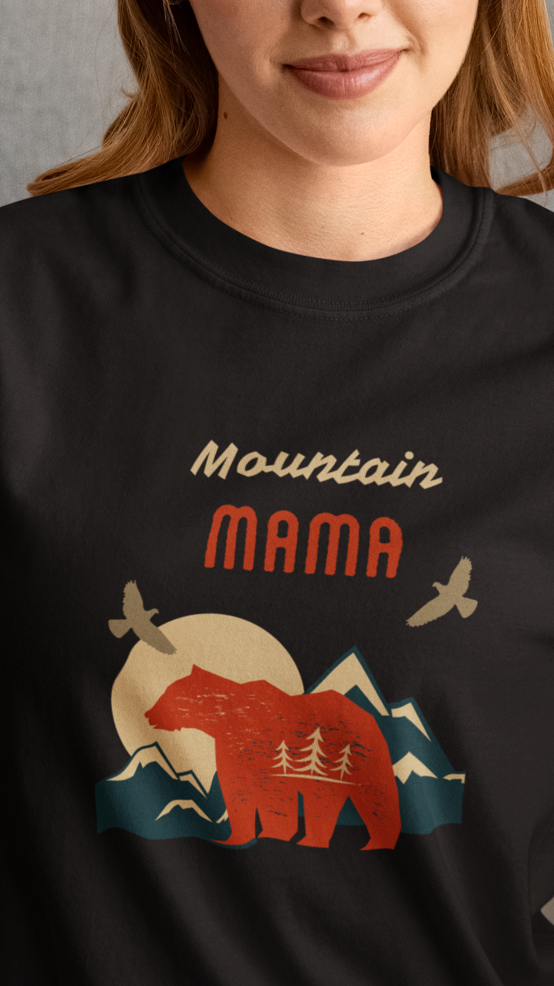 Mountain Mama Camping Graphic Black Cotton Summer Crewneck T Shirt for Women