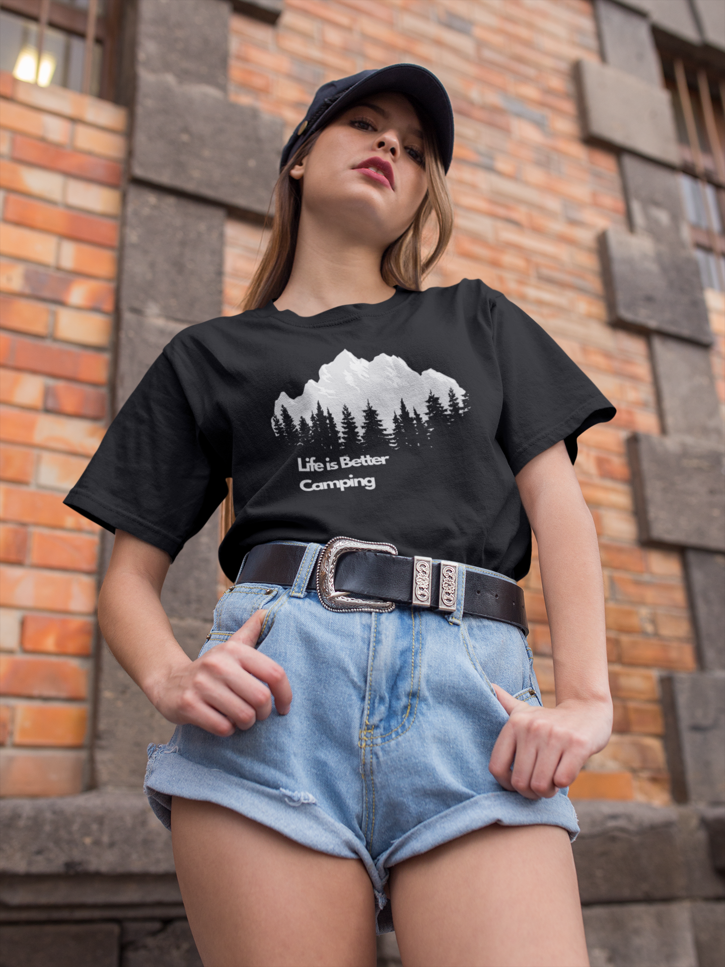 Size Large Cotton T Shirt Life is Better Camping Graphic Design Black T for Outdoor Camping Enthusiasts Womenswear Top