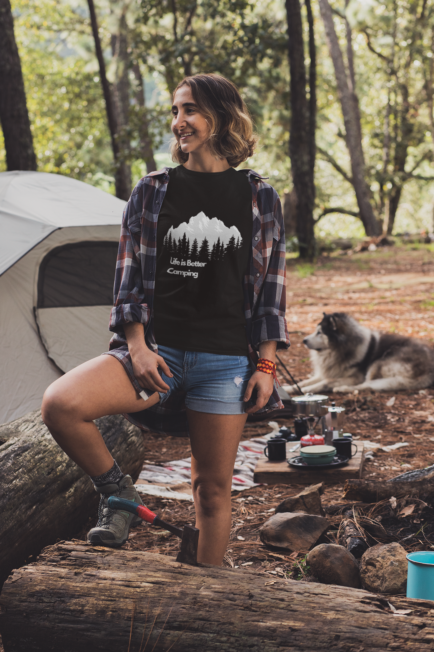 Size Large Cotton T Shirt Life is Better Camping Graphic Design Black T for Outdoor Camping Enthusiasts Womenswear Top