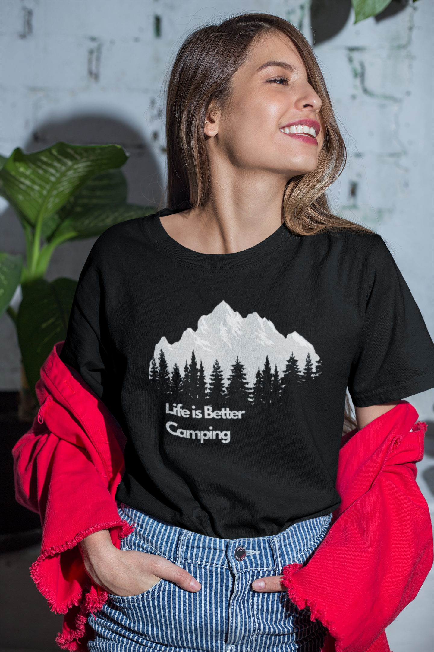 Size Large Cotton T Shirt Life is Better Camping Graphic Design Black T for Outdoor Camping Enthusiasts Womenswear Top