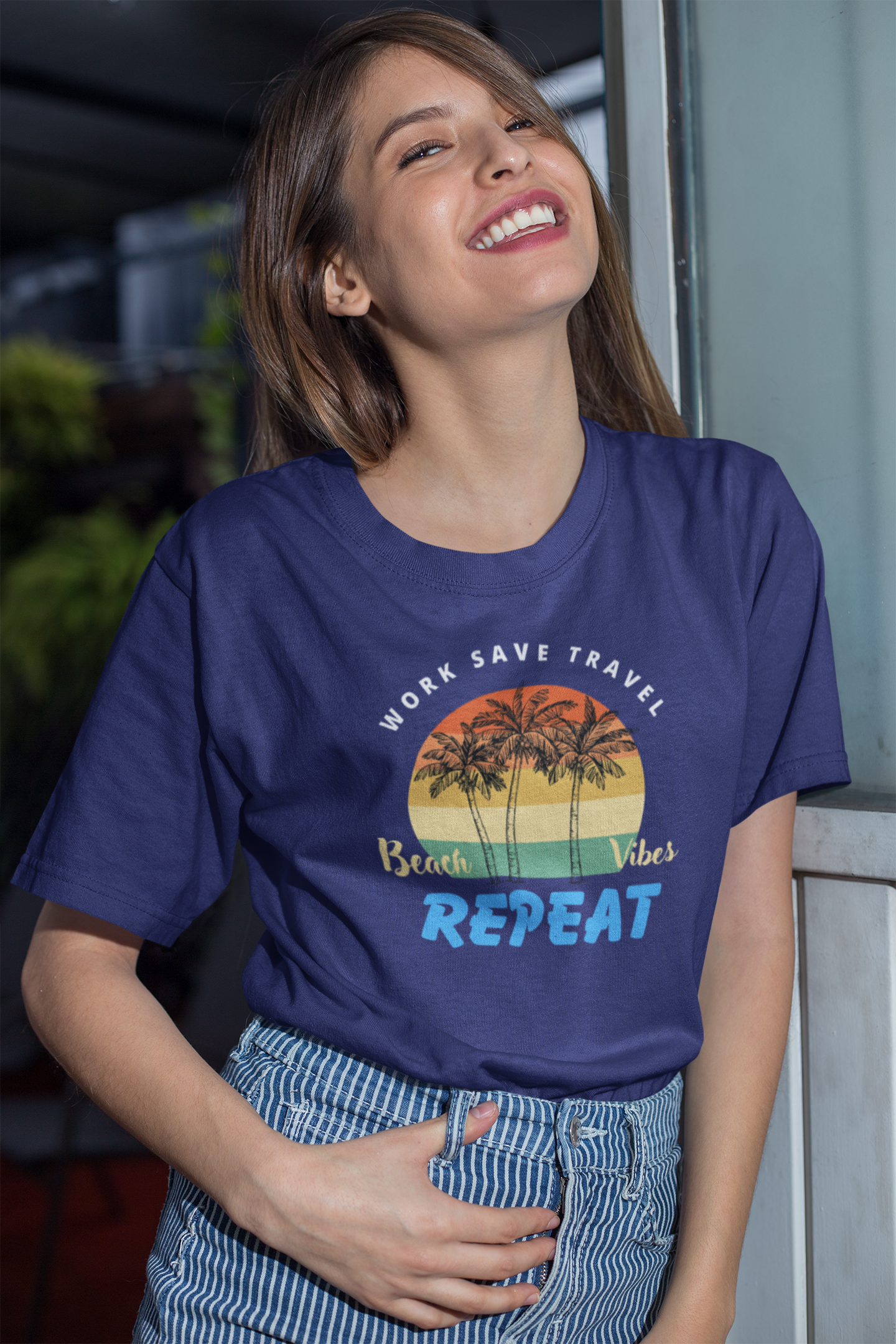 Gildan Heavy Weight Cotton T Shirt Work Save Travel Repeat Faded Navy Blue Graphic Print Women's Casual Crewneck Top for Travel Enthusiasts