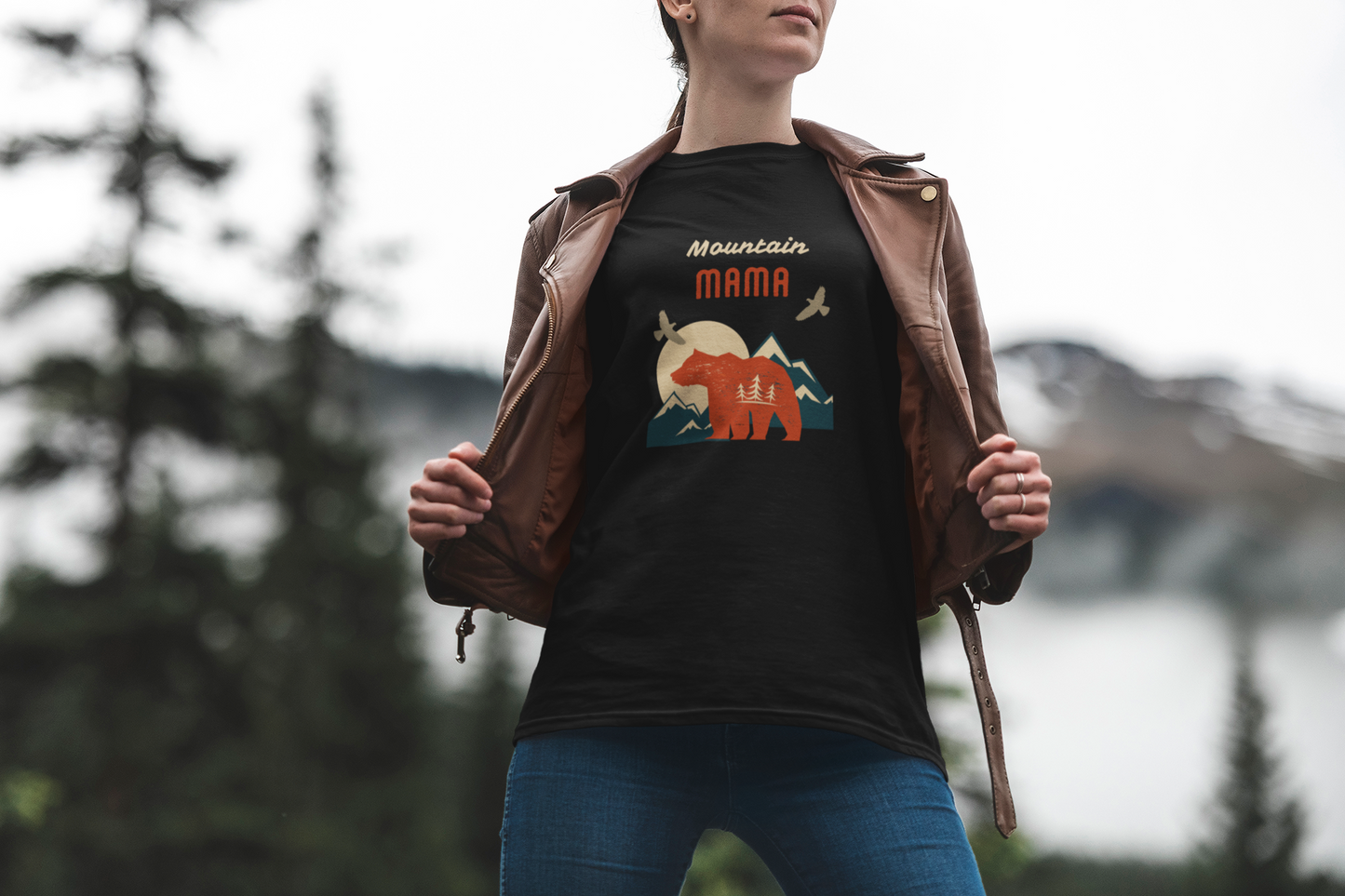 Mountain Mama Camping Graphic Black Cotton Summer Crewneck T Shirt for Women