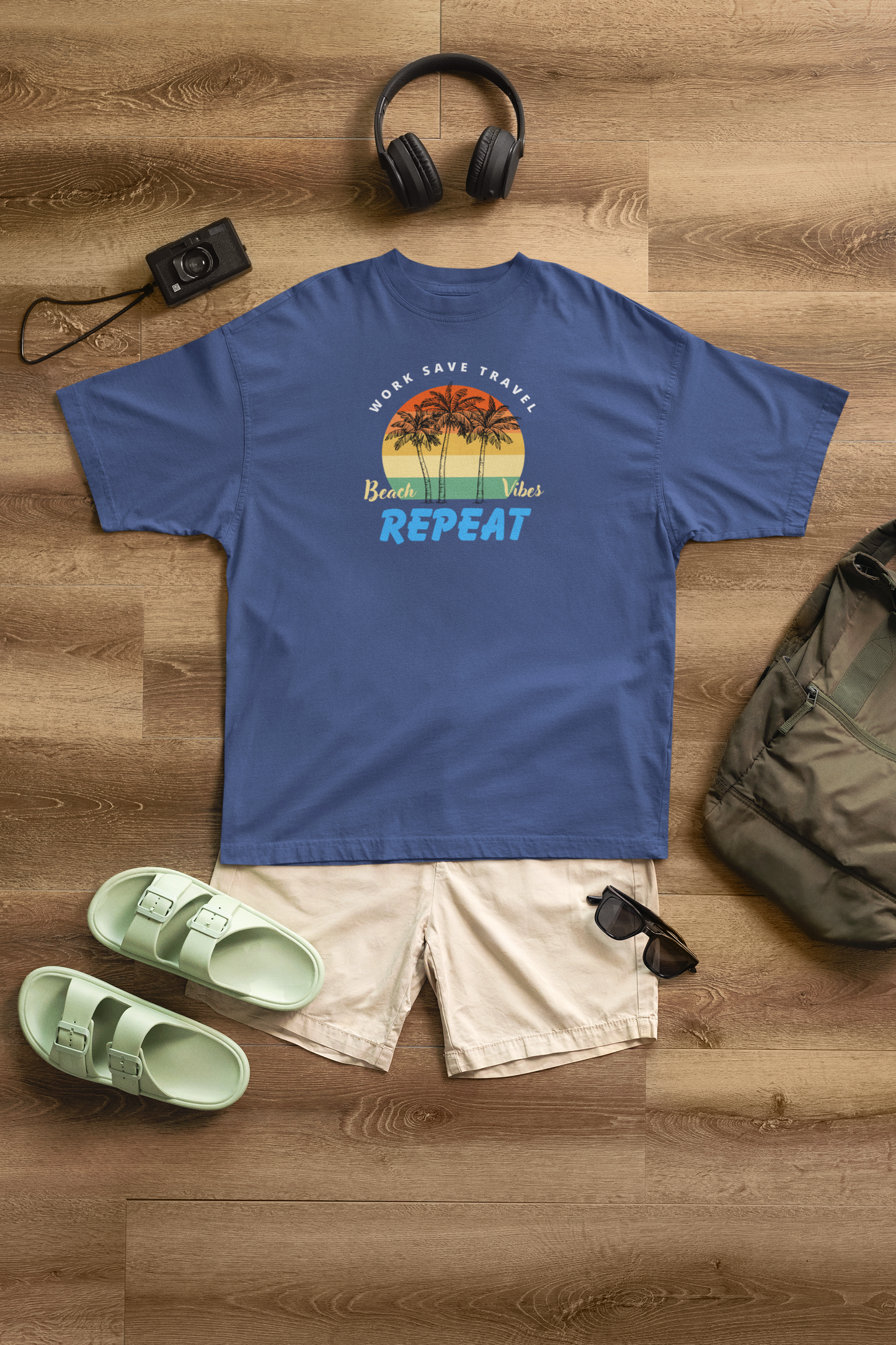 Gildan Heavy Weight Cotton T Shirt Work Save Travel Repeat Faded Navy Blue Graphic Print Women's Casual Crewneck Top for Travel Enthusiasts