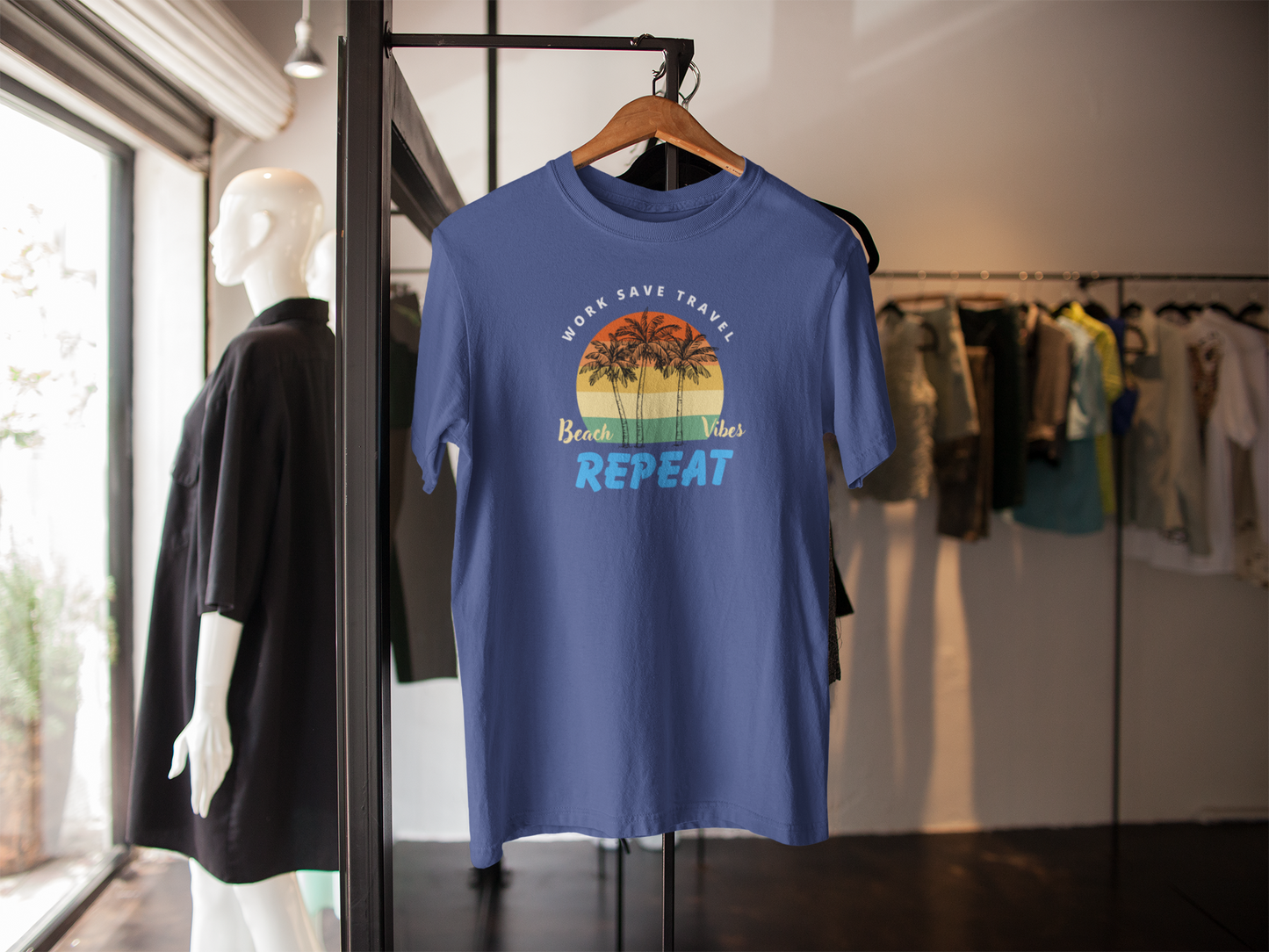 Gildan Heavy Weight Cotton T Shirt Work Save Travel Repeat Faded Navy Blue Graphic Print Women's Casual Crewneck Top for Travel Enthusiasts